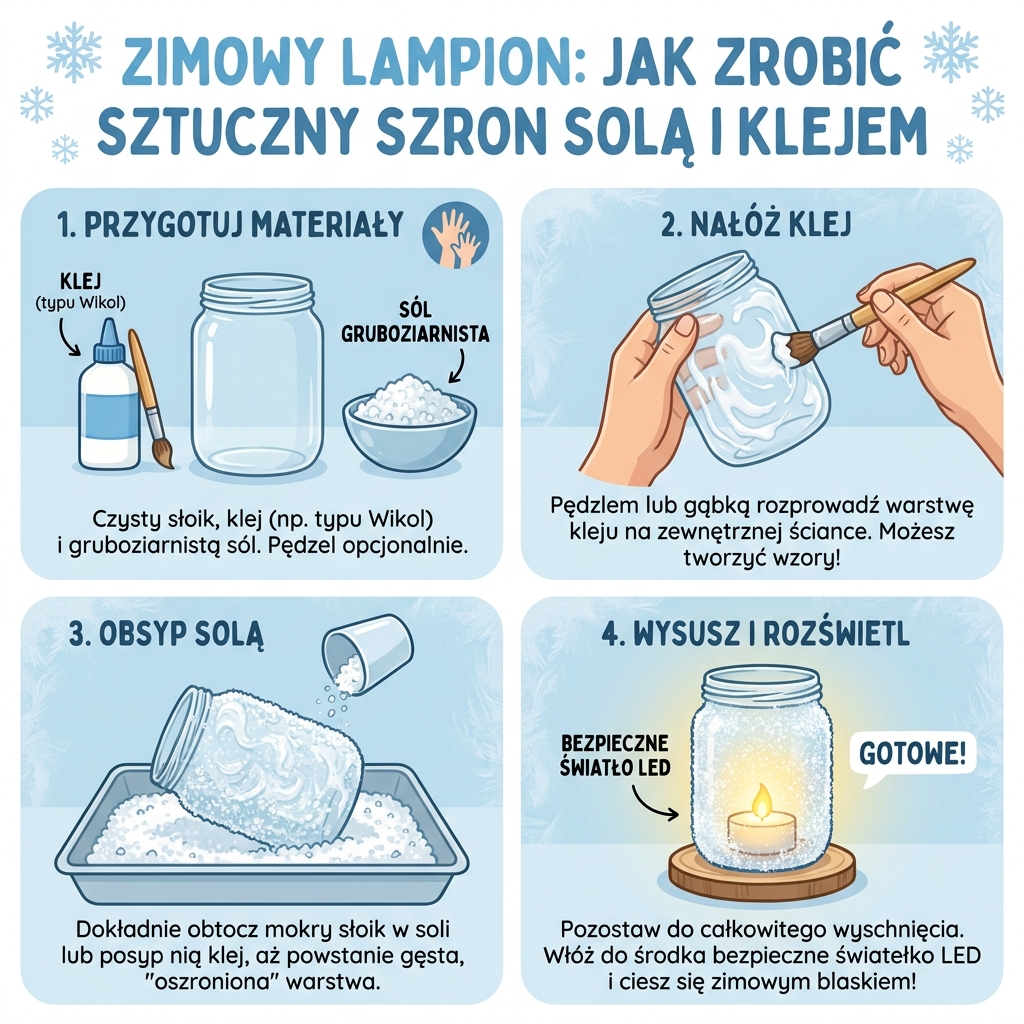 Infografika dla rodziców: jak zrobić sztuczny szron na słoiku przy użyciu soli gruboziarnistej i kleju. Kreatywne DIY ...