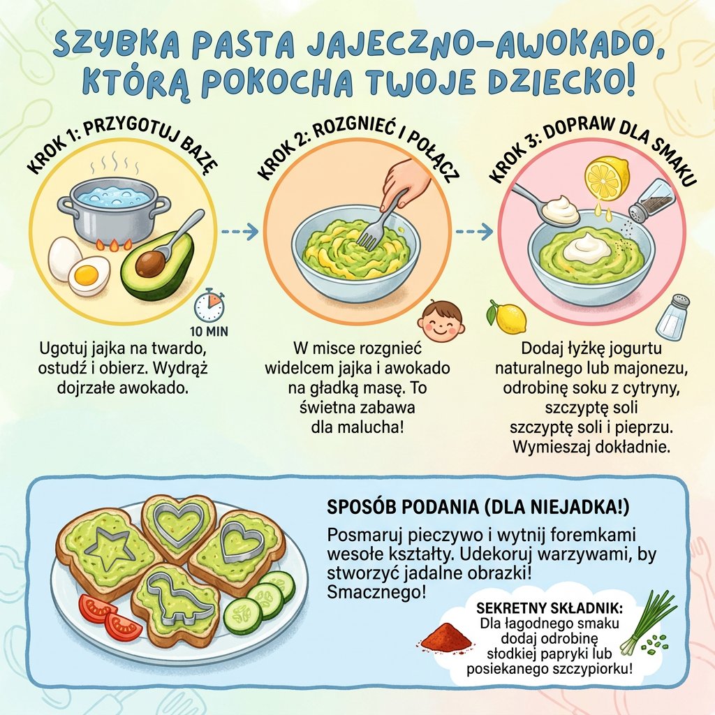 Infografika z przepisem na szybką pastę z jajka i awokado dla dzieci, pokazująca krok po kroku zdrowe śniadanie dla ni...