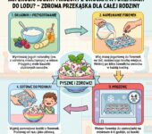 Infografika parentingowa przedstawiająca prosty przepis krok po kroku, jak przygotować domowy jogurt mrożony z owocami ...