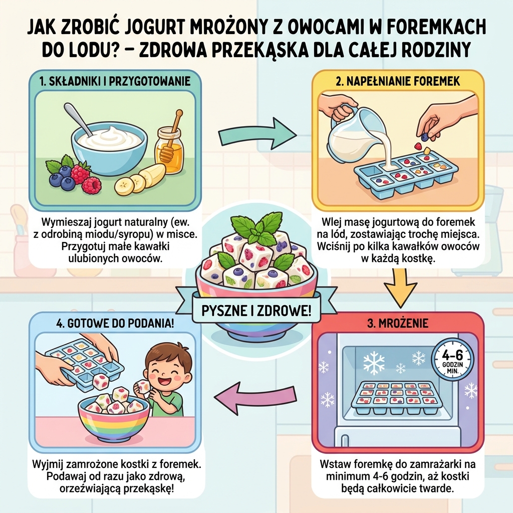 Infografika parentingowa przedstawiająca prosty przepis krok po kroku, jak przygotować domowy jogurt mrożony z owocami ...