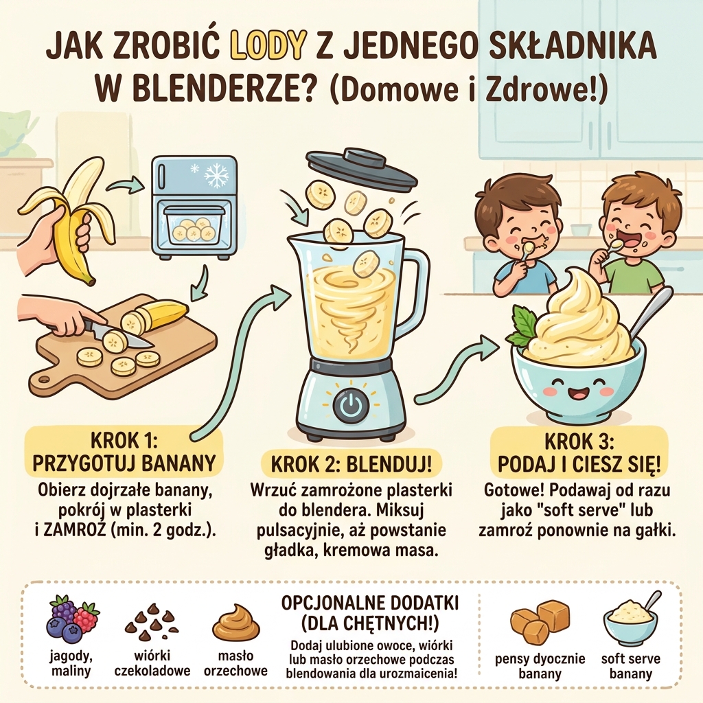 Infografika przedstawiająca prosty przepis na domowe, zdrowe lody z jednego składnika przygotowane w blenderze, idealna ...
