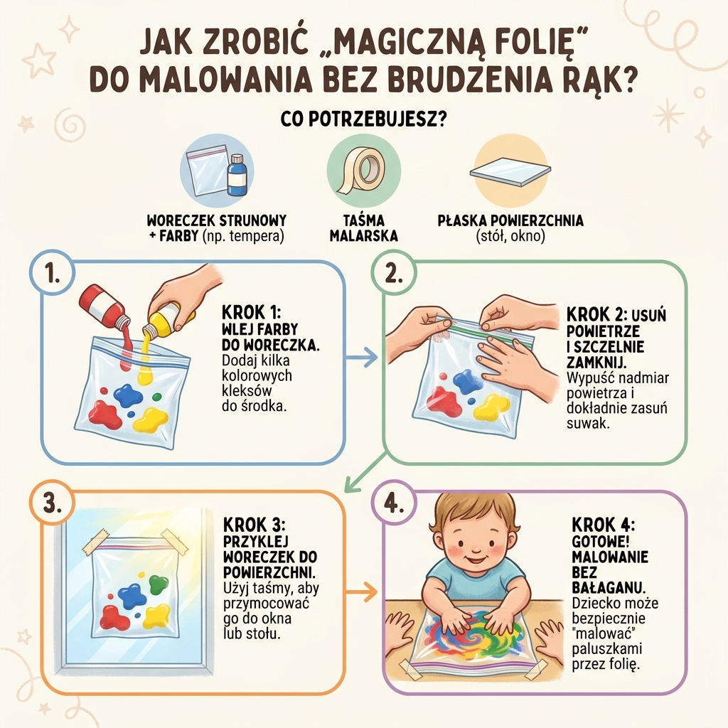 Infografika przedstawiająca instrukcję krok po kroku, jak przygotować magiczną folię do malowania bez brudzenia rąk ...