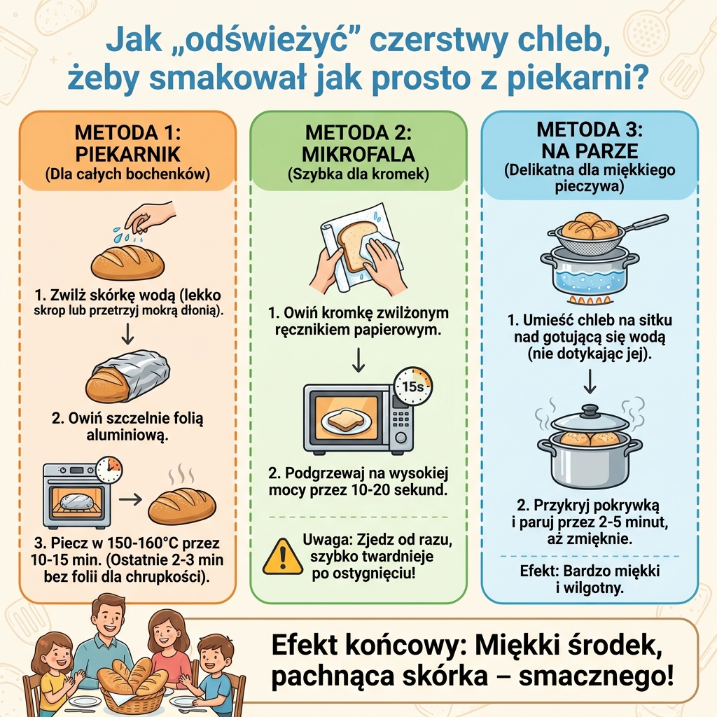 Infografika poradnikowa dla rodziców przedstawiająca sprawdzone sposoby na odświeżenie czerstwego chleba, aby znów by...