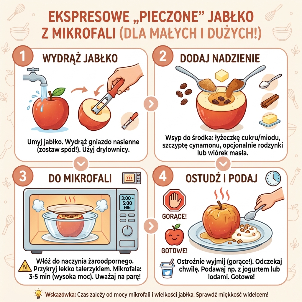Infografika przedstawiająca prosty przepis krok po kroku, jak przygotować pyszne i zdrowe pieczone jabłko z cynamonem w...
