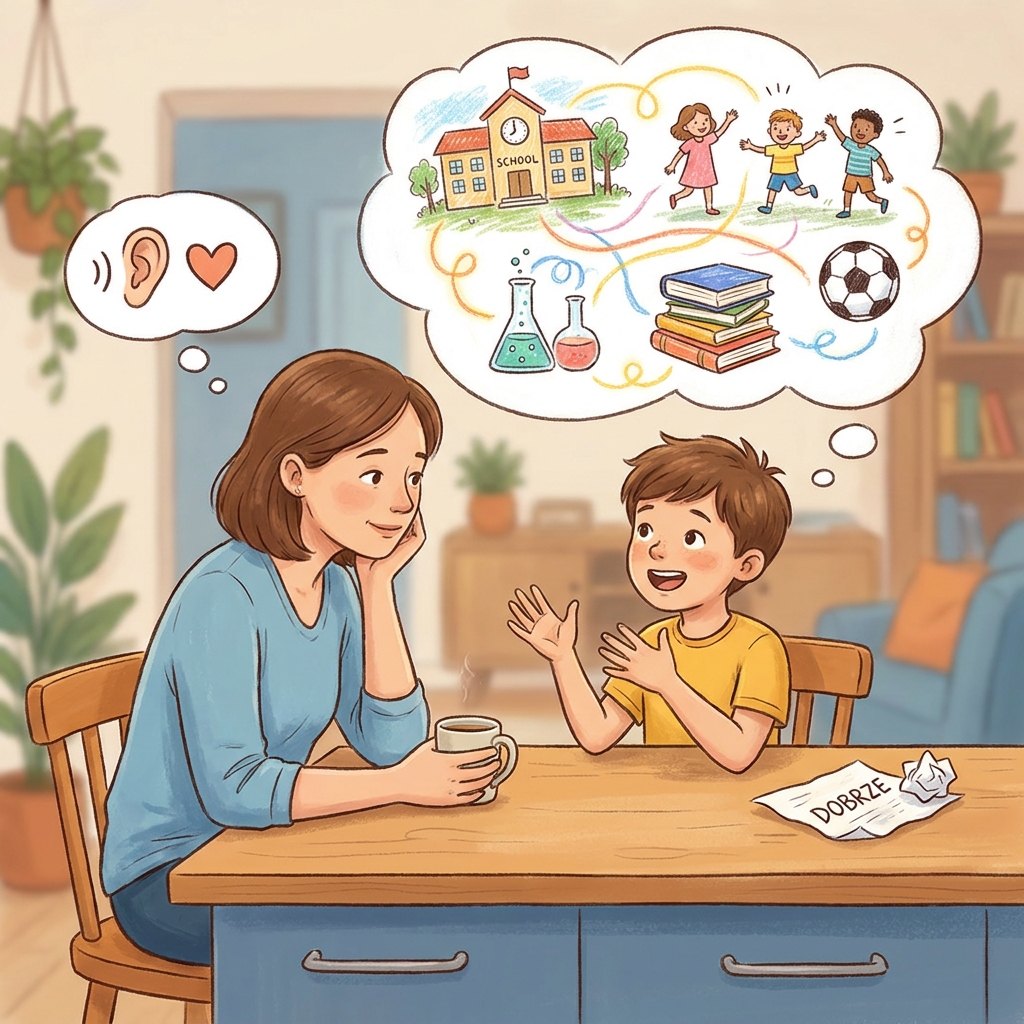 Mama i mały chłopiec siedzą blisko siebie na wygodnej kanapie, prowadząc ciepłą i pełną emocji rozmowę o szkolnyc...