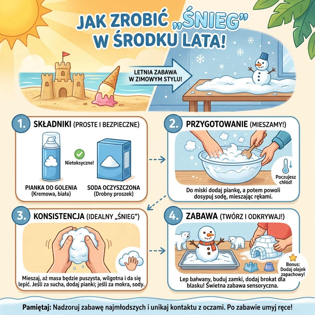 Infografika dla rodziców: jak zrobić sztuczny śnieg z pianki do golenia i sody oczyszczonej – zabawa sensoryczna dla ...
