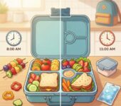 Otwarty lunchbox wypełniony kolorowymi, świeżymi przekąskami dla dziecka, takimi jak kanapki, owoce i warzywa, ułożo...