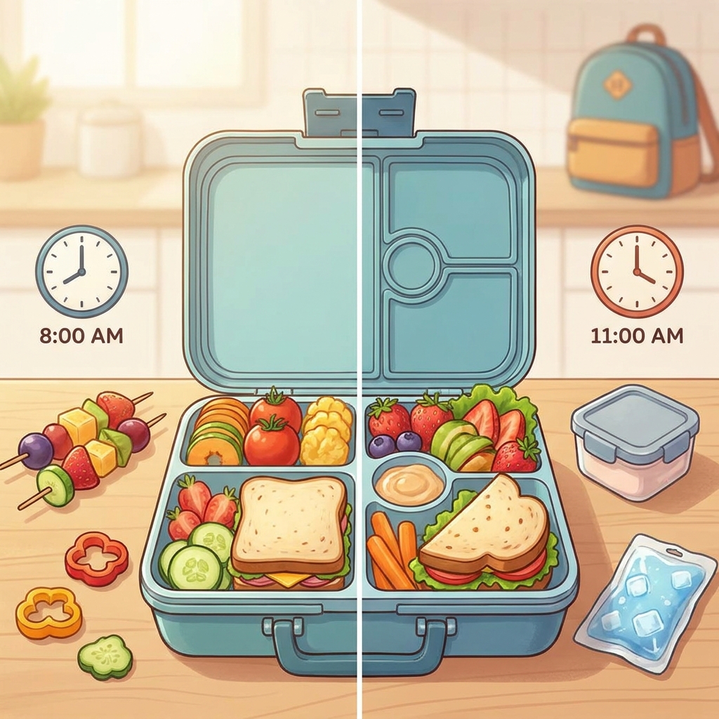 Otwarty lunchbox wypełniony kolorowymi, świeżymi przekąskami dla dziecka, takimi jak kanapki, owoce i warzywa, ułożo...