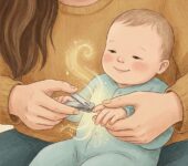 Młoda mama trzymająca delikatnie rączkę niemowlęcia i bezpiecznie obcinająca paznokcie specjalnymi nożyczkami z zao...