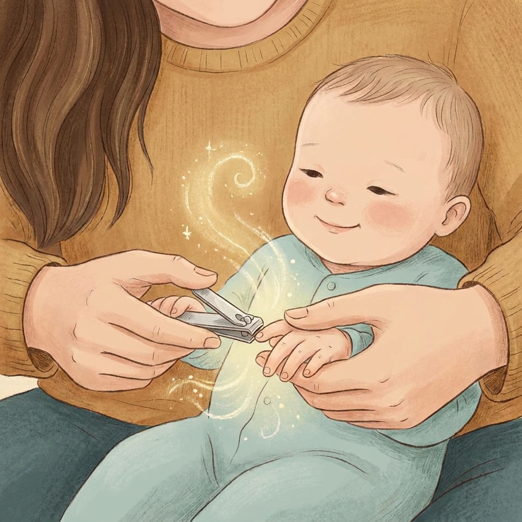 Młoda mama trzymająca delikatnie rączkę niemowlęcia i bezpiecznie obcinająca paznokcie specjalnymi nożyczkami z zao...