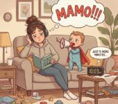 Młoda mama leży w łóżku pod ciepłą kołdrą, przymykając oczy z lekkim uśmiechem i humorem, próbując zyskać do...