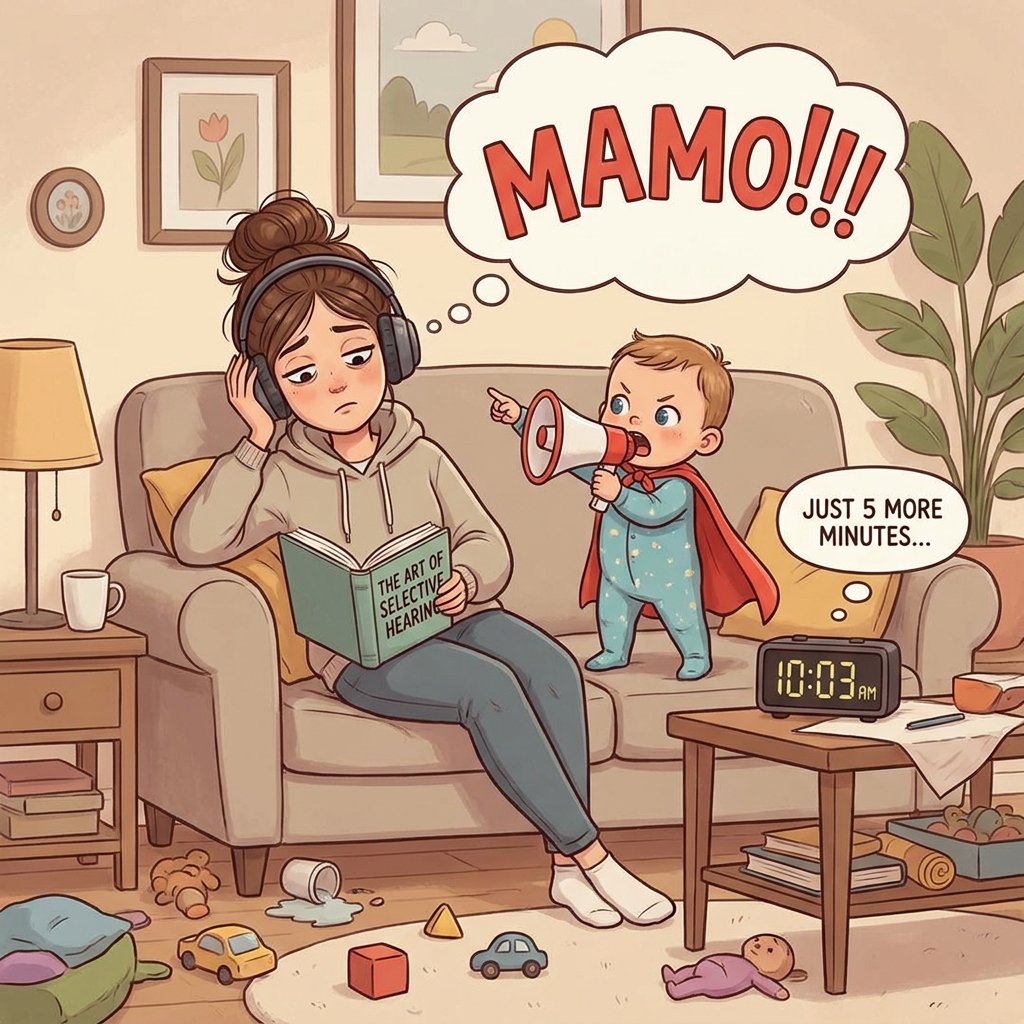 Młoda mama leży w łóżku pod ciepłą kołdrą, przymykając oczy z lekkim uśmiechem i humorem, próbując zyskać do...