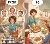 Uśmiechnięta mama serwująca jeden wspólny, zdrowy obiad dla całej rodziny przy wspólnym stole, promująca oszczędno...