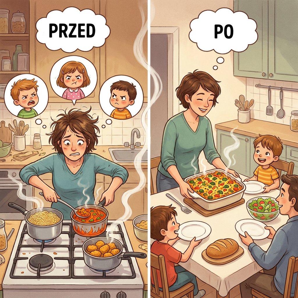Uśmiechnięta mama serwująca jeden wspólny, zdrowy obiad dla całej rodziny przy wspólnym stole, promująca oszczędno...