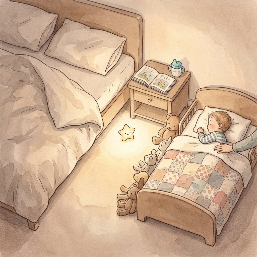 Przytulny, jasny pokój dziecięcy z uśmiechniętym maluchem śpiącym we własnym łóżeczku z pluszowym misiem, symbol...