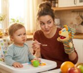 Uśmiechnięta mama podaje dziecku lekarstwo na łyżeczce, stosując sprawdzone sposoby na bezstresowe podawanie syropu n...