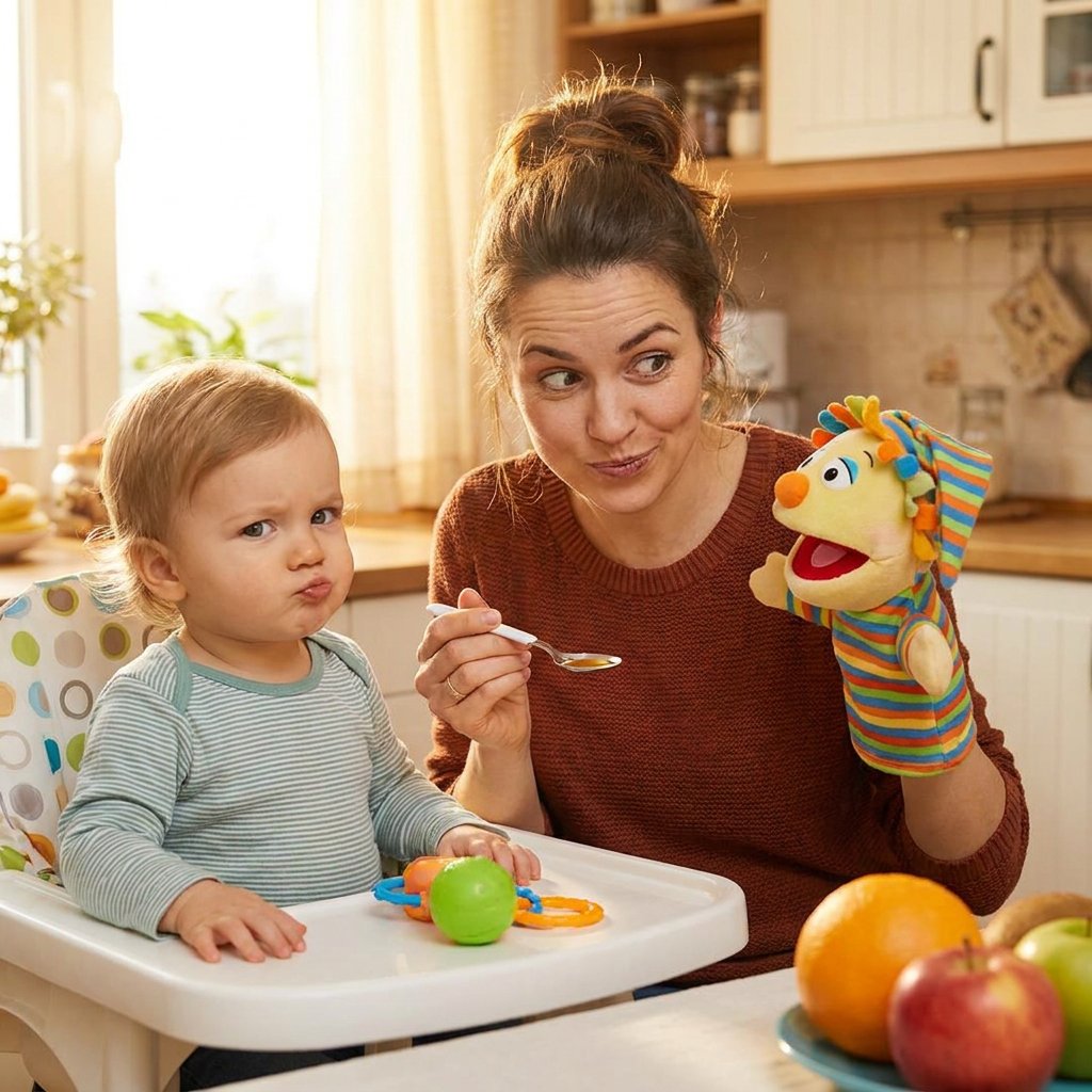 Uśmiechnięta mama podaje dziecku lekarstwo na łyżeczce, stosując sprawdzone sposoby na bezstresowe podawanie syropu n...
