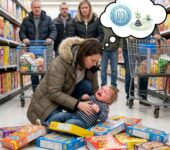 Dziecko płaczące na podłodze w sklepie podczas napadu histerii, obok spokojny rodzic próbujący opanować emocje maluc...
