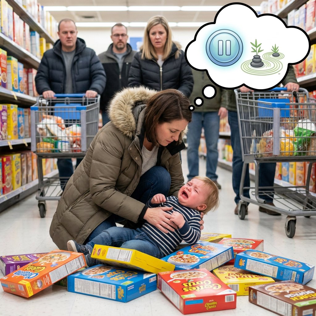 Dziecko płaczące na podłodze w sklepie podczas napadu histerii, obok spokojny rodzic próbujący opanować emocje maluc...
