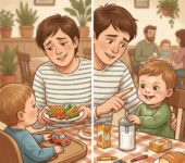 Uśmiechnięte dziecko siedzące przy restauracyjnym stoliku z kolorowym, zdrowym posiłkiem, unikające zabawy cukiernicz...