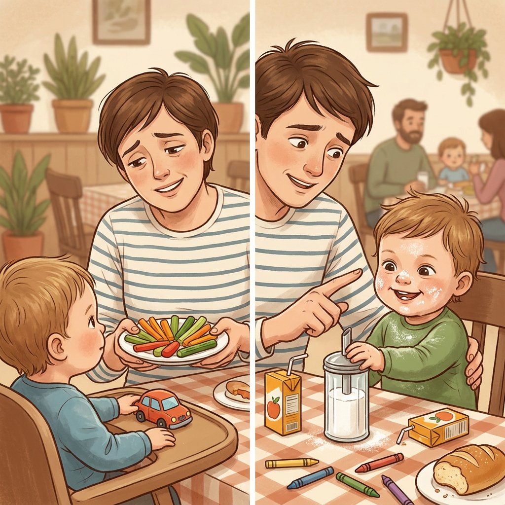Uśmiechnięte dziecko siedzące przy restauracyjnym stoliku z kolorowym, zdrowym posiłkiem, unikające zabawy cukiernicz...