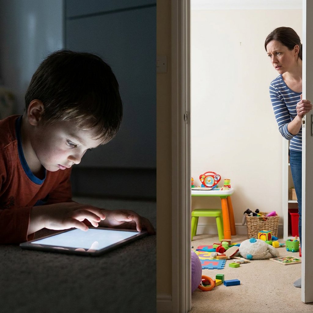 Dziecko wpatrzone w ekran monitora w ciemnym pokoju, ilustrujące problem uzależnienia od gier komputerowych i cyfrowego ...