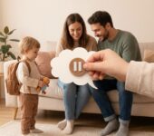 Uśmiechnięta mama cierpliwie tłumaczy małemu chłopcu zasady rozmowy, kładąc mu dłoń na ramieniu w przytulnym, jas...