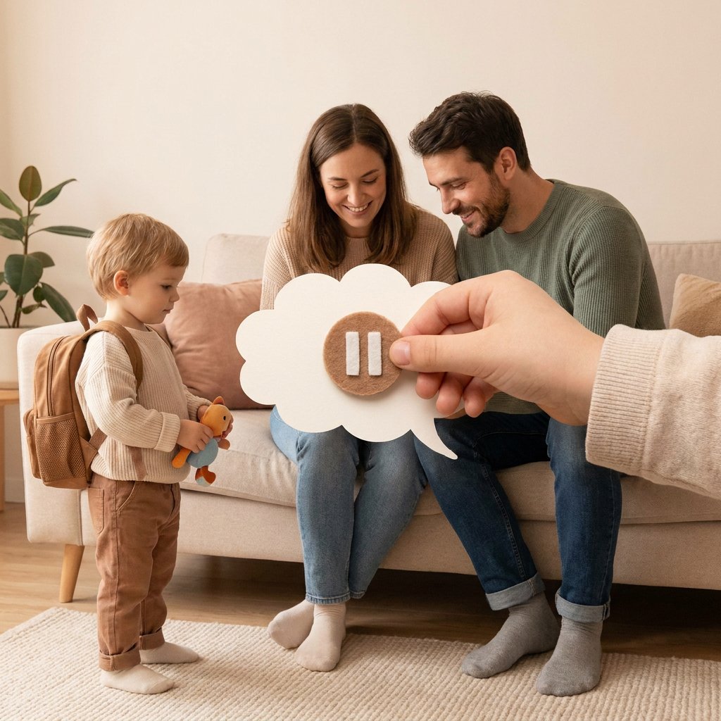 Uśmiechnięta mama cierpliwie tłumaczy małemu chłopcu zasady rozmowy, kładąc mu dłoń na ramieniu w przytulnym, jas...