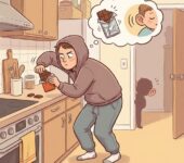 Mama w kuchni po cichu otwiera czekoladę, starając się nie szeleścić sreberkiem przed dzieckiem, humorystyczny poradn...