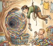 Rodzic szukający pary do kolorowej skarpetki w ogromnym koszu pełnym prania, ilustracja do poradnika parentingowego o do...