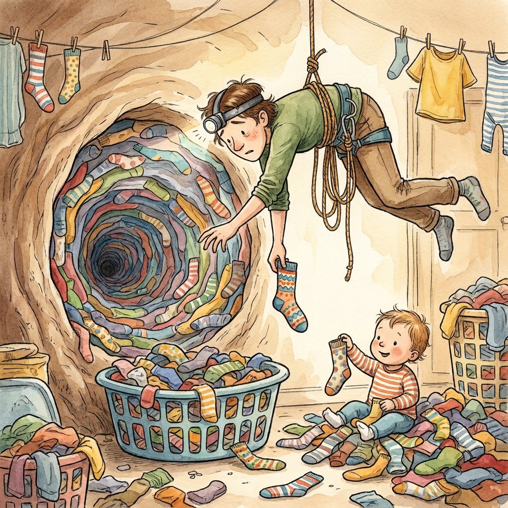 Rodzic szukający pary do kolorowej skarpetki w ogromnym koszu pełnym prania, ilustracja do poradnika parentingowego o do...