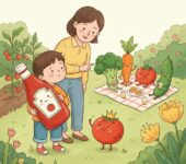 Uśmiechnięte dziecko przy stole kuchennym trzyma butelkę ketchupu, patrząc z zaciekawieniem na świeże pomidory i kol...