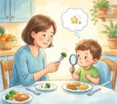 Uśmiechnięta mama i małe dziecko przy stole podczas wspólnego posiłku, maluch z ciekawością próbuje kęsa warzywa ...