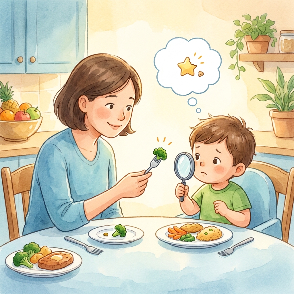 Uśmiechnięta mama i małe dziecko przy stole podczas wspólnego posiłku, maluch z ciekawością próbuje kęsa warzywa ...