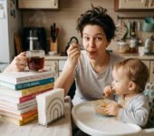 Uśmiechnięta mama siedząca przy stole z dzieckiem, udaje jedzenie zdrowej papki, trzymając w ukryciu kubek gorącej ka...