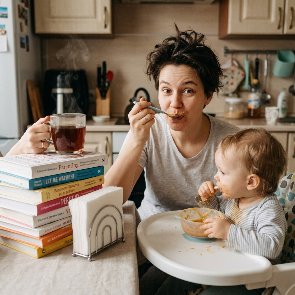 Uśmiechnięta mama siedząca przy stole z dzieckiem, udaje jedzenie zdrowej papki, trzymając w ukryciu kubek gorącej ka...