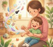 Uśmiechnięta mama delikatnie zdejmuje plaster z rączki zrelaksowanego dziecka, co idealnie ilustruje bezbolesne i bezpi...