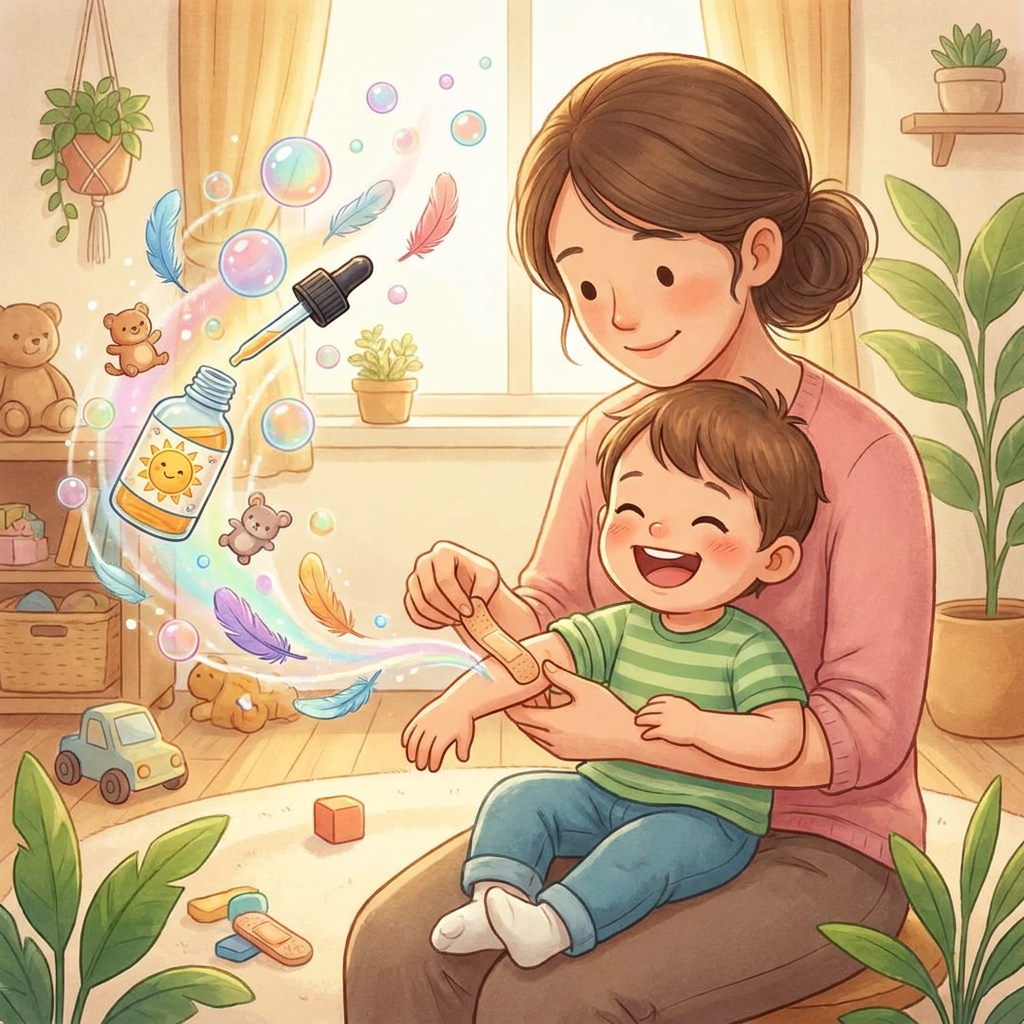 Uśmiechnięta mama delikatnie zdejmuje plaster z rączki zrelaksowanego dziecka, co idealnie ilustruje bezbolesne i bezpi...