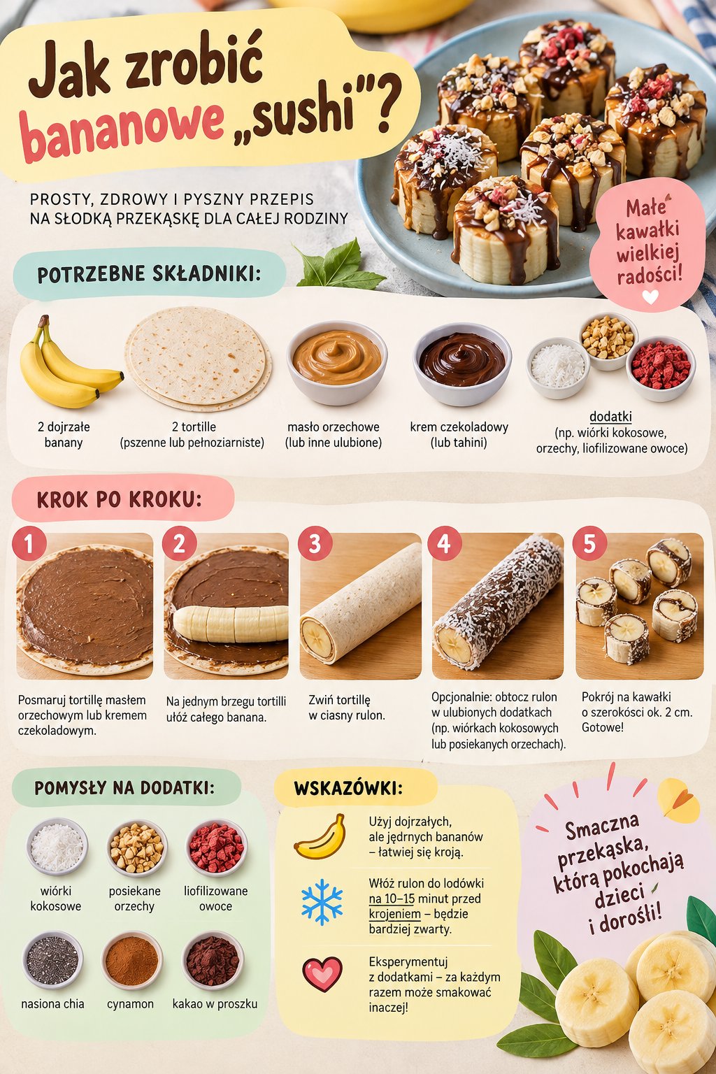 Infografika z instrukcją krok po kroku na zdrowe bananowe sushi dla dzieci na portalu parentingowym