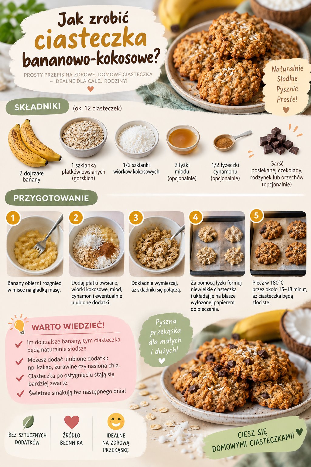 Infografika z przepisem krok po kroku, jak zrobić zdrowe ciasteczka bananowo-kokosowe dla dzieci na portalu parentingowym.