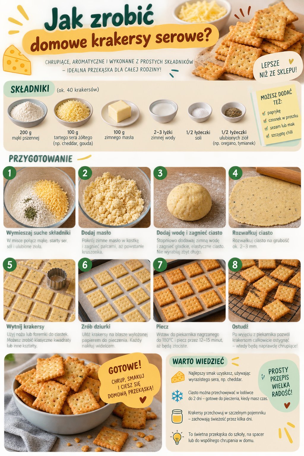 Infografika z przepisem krok po kroku na chrupiące, domowe krakersy serowe dla dzieci.