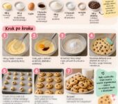Infografika z przepisem krok po kroku: jak zrobić domowe mini pieguski, idealne i proste ciasteczka dla dzieci.