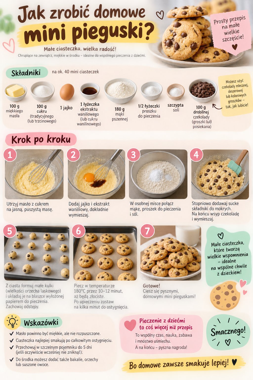Infografika z przepisem krok po kroku: jak zrobić domowe mini pieguski, idealne i proste ciasteczka dla dzieci.