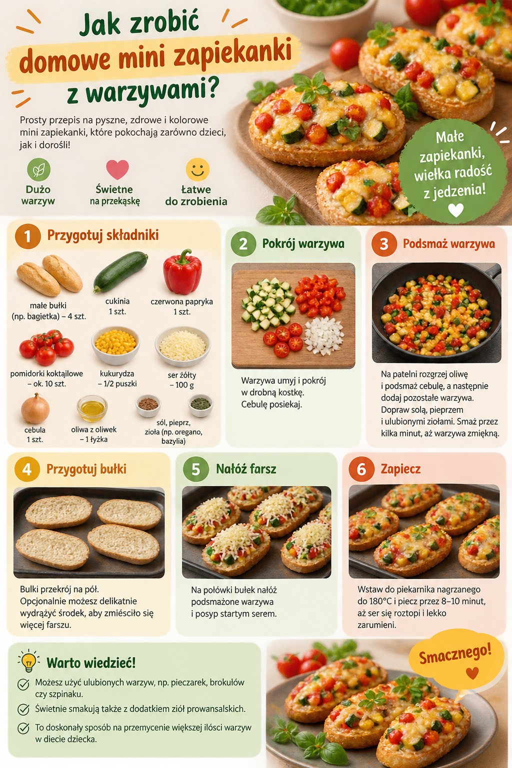 Infografika: Jak zrobić domowe mini zapiekanki z warzywami – prosty przepis krok po kroku dla całej rodziny.