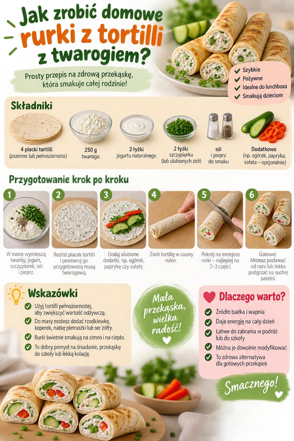 Infografika z przepisem krok po kroku: jak zrobić domowe rurki z tortilli z twarogiem – szybka i pyszna przekąska dla ...