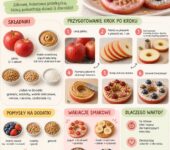 Infografika z prostym przepisem krok po kroku: jak zrobić zdrowe jabłkowe donuty dla dzieci.
