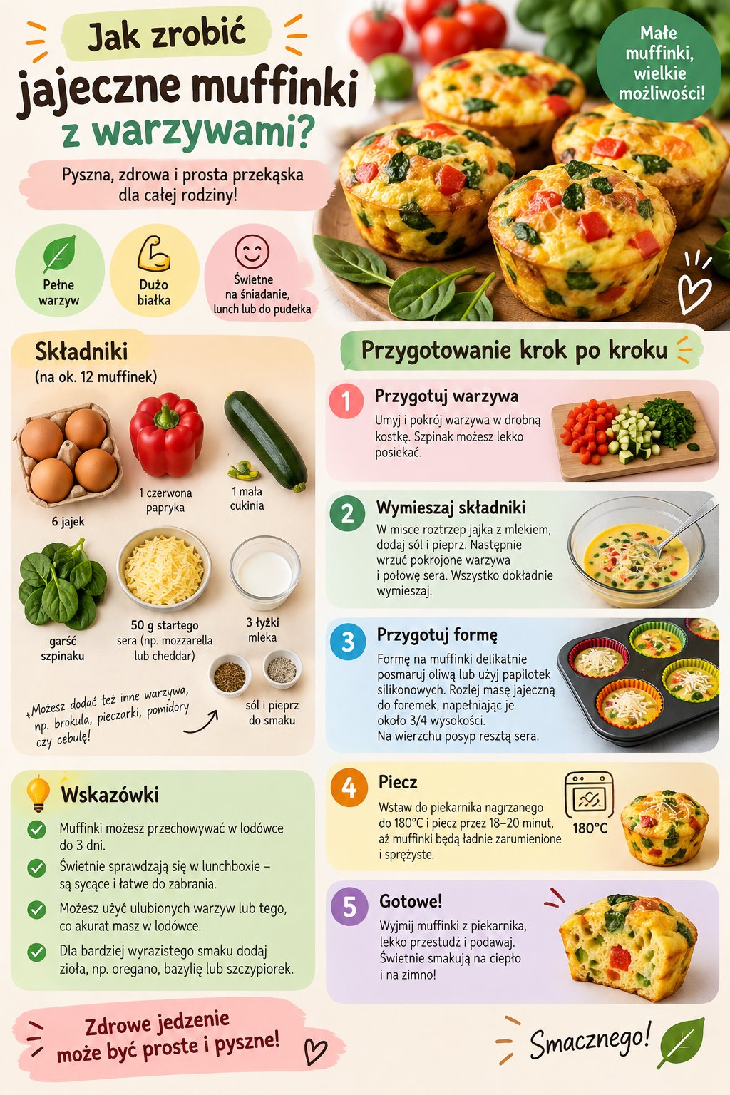 Infografika z przepisem krok po kroku: jak zrobić zdrowe muffinki jajeczne z warzywami dla dzieci.
