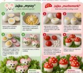 Infografika krok po kroku na portal parentingowy: jak zrobić kreatywne przekąski dla dzieci – jajka myszy i muchomorki.