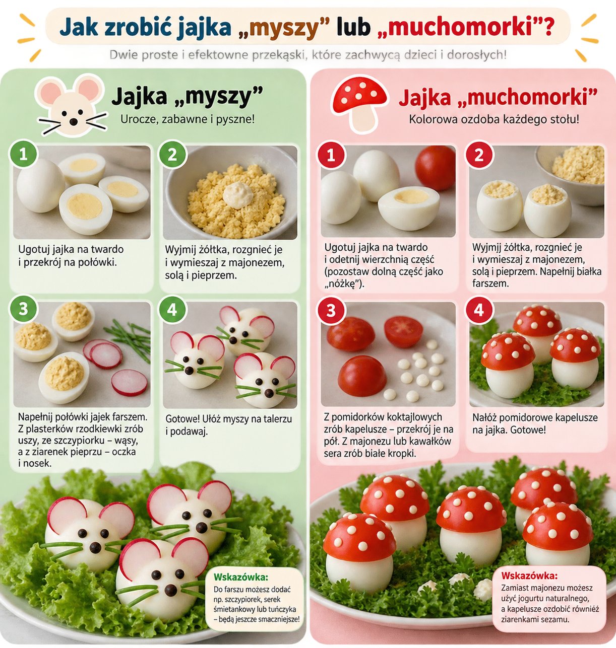 Infografika krok po kroku na portal parentingowy: jak zrobić kreatywne przekąski dla dzieci – jajka myszy i muchomorki.