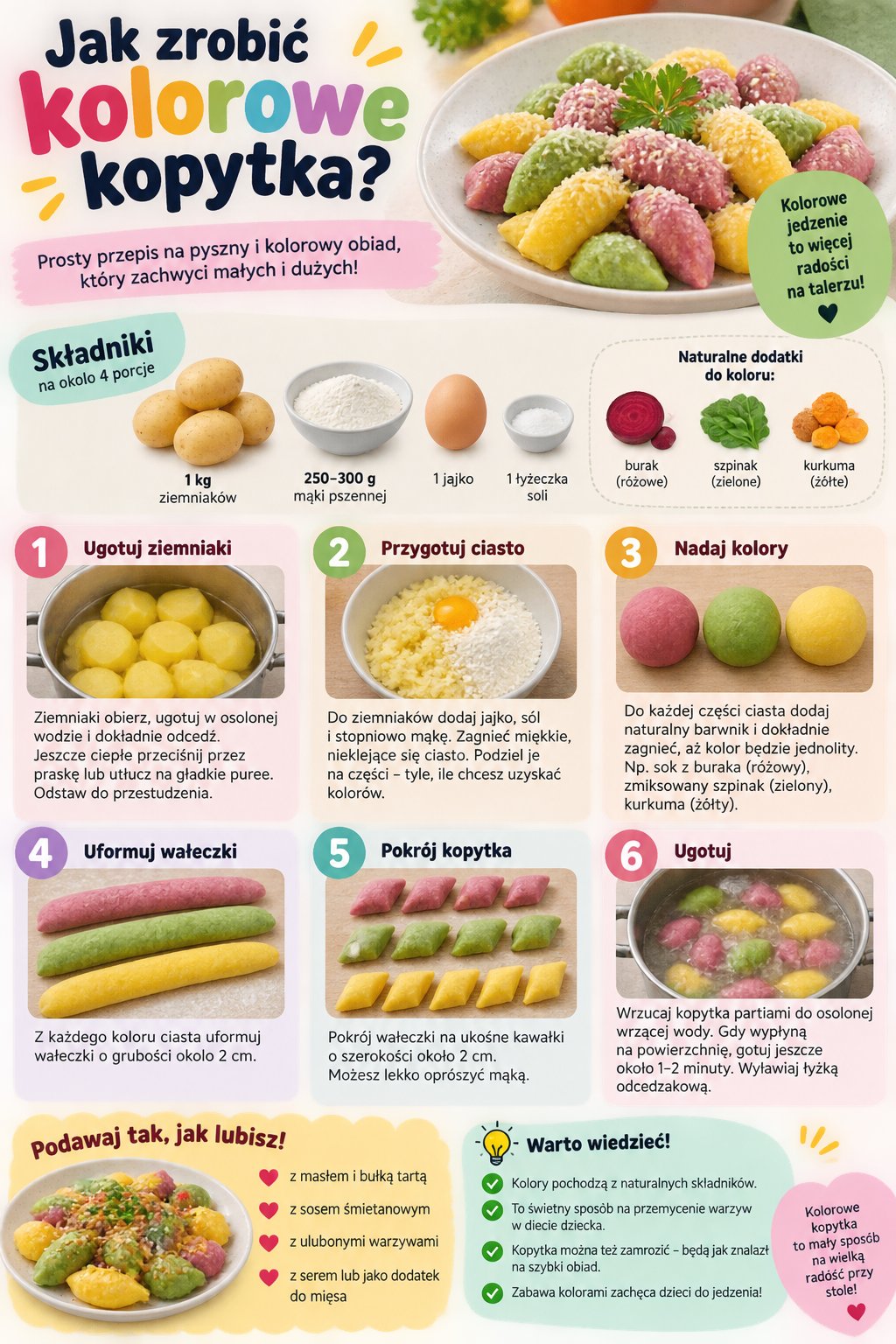 Infografika z przepisem krok po kroku: jak zrobić domowe, kolorowe kopytka dla dzieci.
